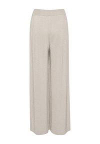 Light gray wide-leg pants with a textured knit fabric, elastic waistband, and a shimmering finish. No prominent patterns or accents visible.