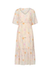 Abito midi fluido in tessuto leggero con stampe circolari nei toni arancioni pastello, rosa e verdi, scollo a V, maniche corte e vita regolabile con cordoncino.