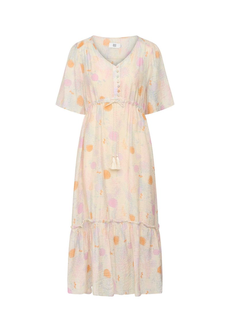 Abito midi fluido in tessuto leggero con stampe circolari nei toni arancioni pastello, rosa e verdi, scollo a V, maniche corte e vita regolabile con cordoncino.