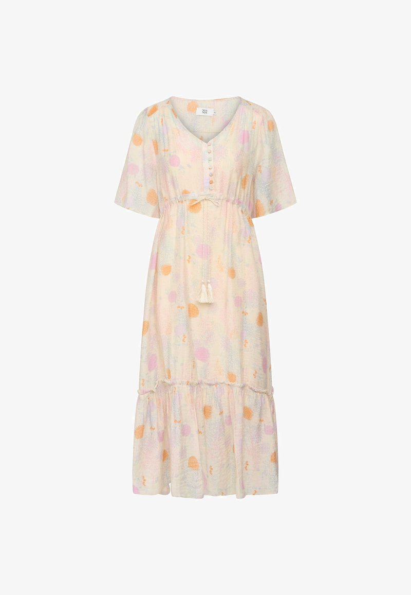 Lagana midi haljina od svijetlog materijala sa pastelnim narančastim, ružičastim i zelenim kružnim uzorcima, V-izrezom, kratkim rukavima i strukom sa trakicom.
