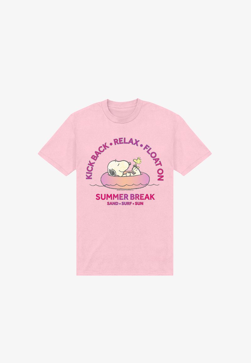 Pink t-shirt with Snoopy floating on a pink inner tube, text “Kick Back · Relax · Float On” above and “Summer Break Sand · Surf · Sun” below.