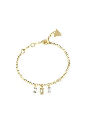Bracciale in oro con tre ciondoli in cristallo trasparente e un'etichetta con marchio. Maglie semplici con chiusura a moschettone e lunghezza regolabile.
