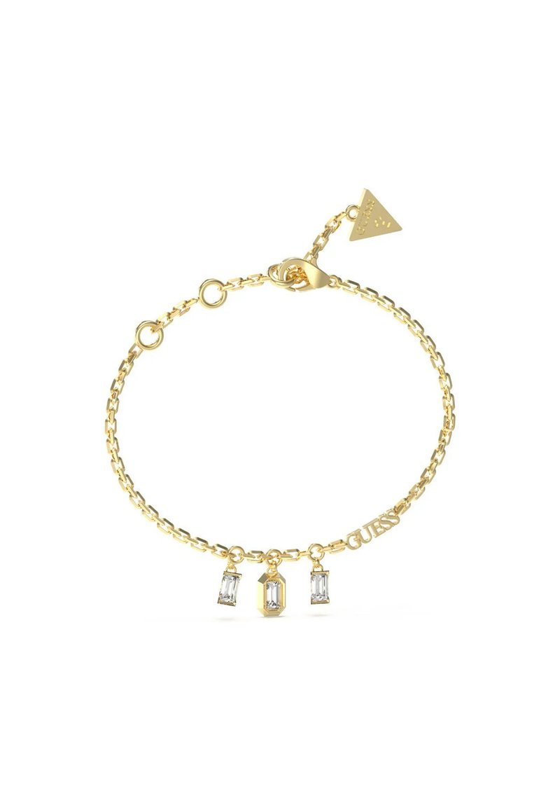 Bracciale in oro con tre ciondoli in cristallo trasparente e un'etichetta con marchio. Maglie semplici con chiusura a moschettone e lunghezza regolabile.