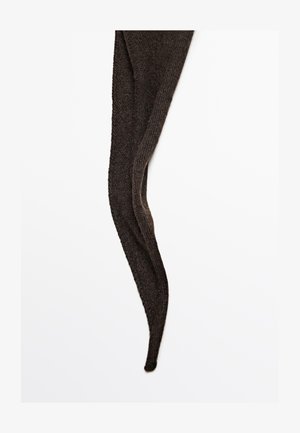 Brown knitted tights with a ribbed texture. The fabric is soft, featuring a tapered end, designed for a fitted look.
