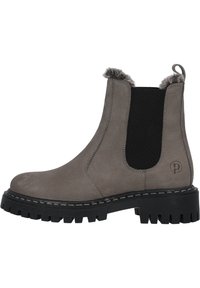 Szare zamszowe botki za kostkę z sztucznym futrem, elastycznymi panelami bocznymi oraz solidną czarną gumową podeszwą o teksturowanym wzorze bieżnika.