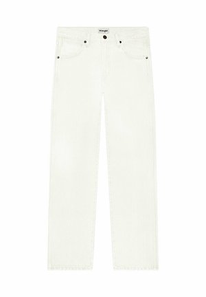 White denim jeans with a straight-leg cut, five pockets, and black rivet accents. Features visible stitching and a branded waistband label.