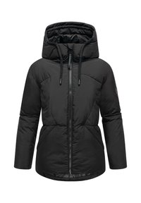 Black padded jacket with a high collar and adjustable hood. Features a front zipper, textured panels, and a slightly curved hem.