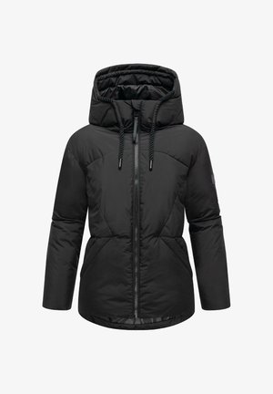 Czarna ocieplana kurtka z wysokim kołnierzem i regulowanym kapturem. Posiada zamek błyskawiczny z przodu, teksturowane panele oraz lekko zaokrąglony dół.