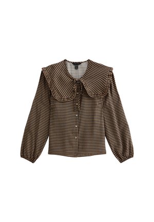 Long-sleeve brown and black checked blouse with large ruffled collar and front buttons, featuring a tie at the neckline.