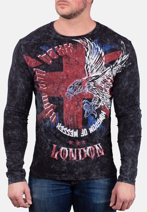 Long-sleeve black T-shirt featuring a distressed Union Jack design, an eagle graphic, and "London" text in bold red at the hem.