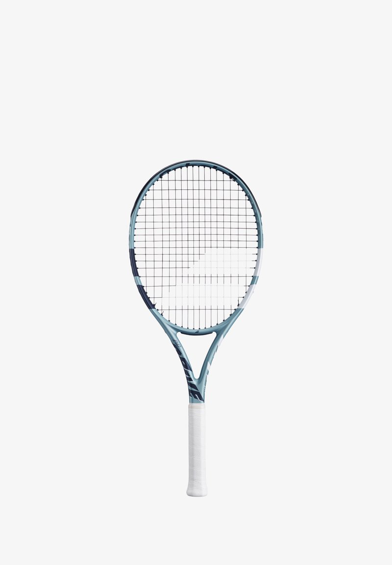 Rack met een lichtblauw frame, witte grip en gestreept patroon. Heeft een druppelvorm en een glad oppervlak met donkerblauwe accenten.