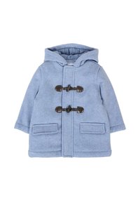 Cappotto di lana per bambini di colore azzurro chiaro con cappuccio, due chiusure a toggles scure e due tasche anteriori con pattina.