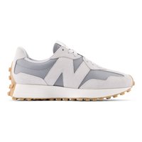 Gray and light gray suede and synthetic sneakers with a white sole and textured gum outsole, featuring a prominent "N" logo on the side.