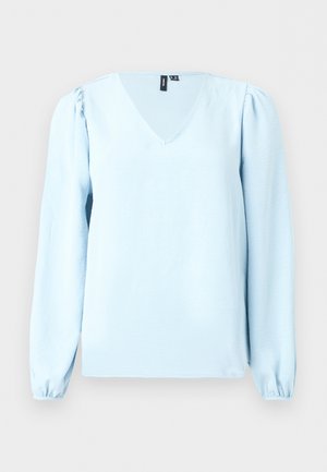Light blue long-sleeve blouse with V-neck and slightly puffed shoulders, displayed against a plain light background.
