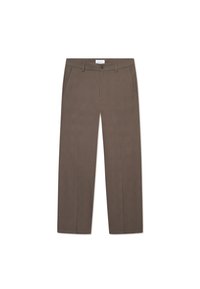 Brown checkered trousers with a straight cut, featuring side pockets, belt loops, and a button closure at the waistband. Textured fabric.