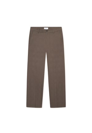 Brown checkered trousers with a straight cut, featuring side pockets, belt loops, and a button closure at the waistband. Textured fabric.