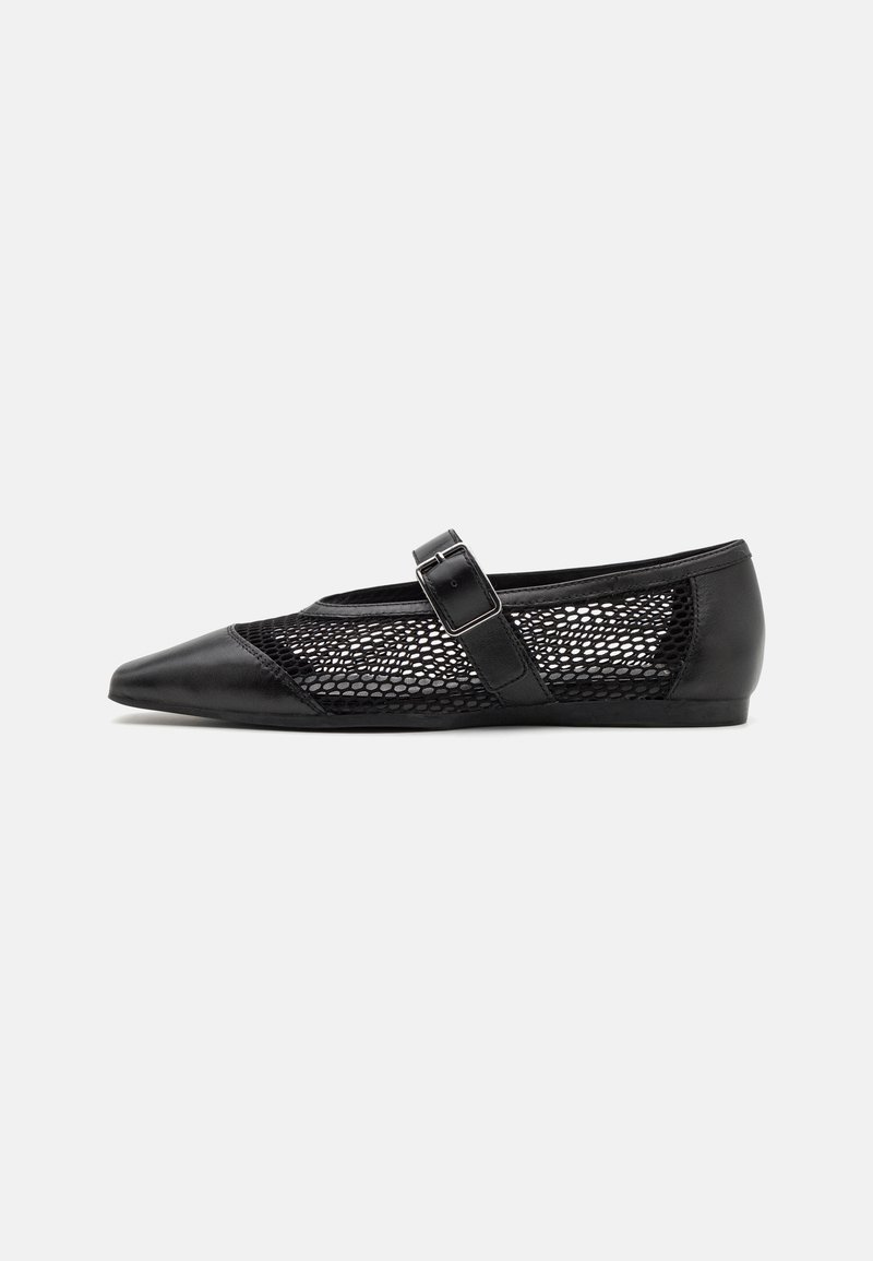 Black flat shoe with a pointed toe, mesh side panels, and a strap with a buckle detail. Smooth finish on the toe and heel sections.