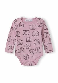 Bodysuit à manches longues en coton doux, de couleur rose, orné de motifs noirs d'éléphants, avec des fermetures à pression en bas pour un habillage facile.
