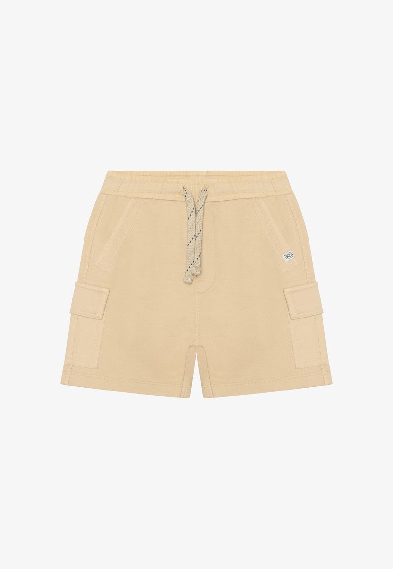 Shorts cargo beiges en coton, avec deux poches latérales et deux poches cargo, dotés d'une taille réglable avec cordon de serrage.