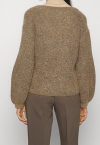 Bruine gebreide trui met een zachte textuur, ballonmouwen en een geribd ontwerp. Draagt over een lichte coltrui, gecombineerd met een bruine broek.