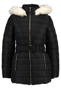 Černá prošívaná bunda s kapucí lemovanou umělou kožešinou, s páskem v pase, vodorovným prošitím a kapsami na zip po stranách. Stříbrné kovové doplňky.