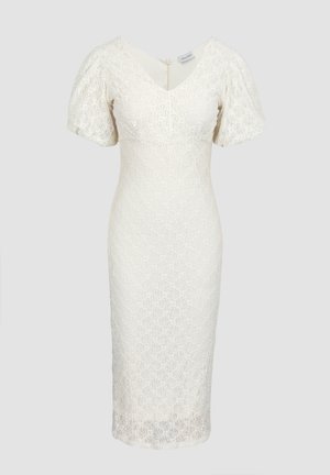 Bijela haljina od čipke do koljena s nabranim kratkim rukavima i V-izrezom, uskog kroja.