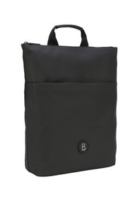 Sac à dos noir en matériau lisse et mat, doté d'une poignée supérieure, d'une poche frontale et d'un logo circulaire sur le bas avant.
