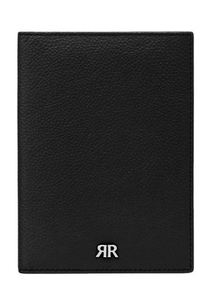 Czarny portfel z teksturowanej skóry z małym srebrnym podwójnym logo "R" umieszczonym na środku blisko dolnej krawędzi, bez widocznych przegródek ani dodatków.