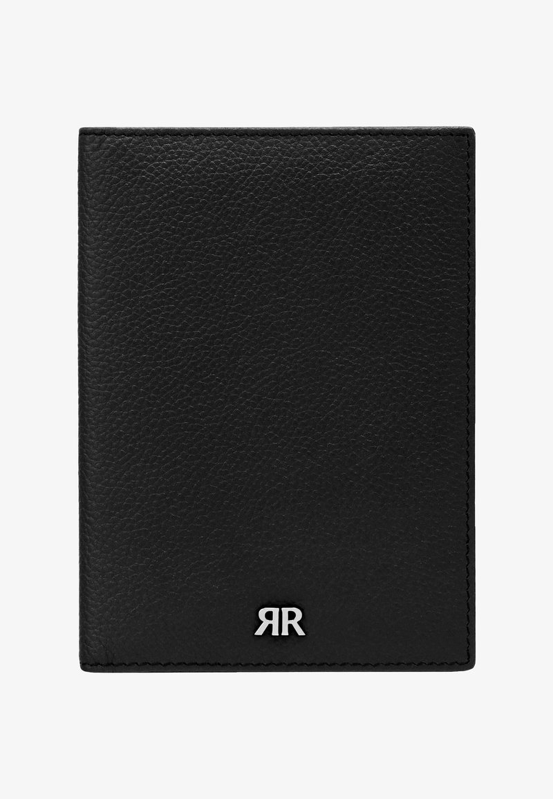 Cartera de cuero negro con textura, con un pequeño logo doble "R" plateado centrado cerca del borde inferior, sin compartimentos o accesorios visibles.