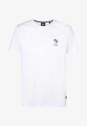 T-shirt bianco in cotone con una piccola grafica di palma e sole. Design classico con colletto rotondo, maniche corte e vestibilità rilassata.