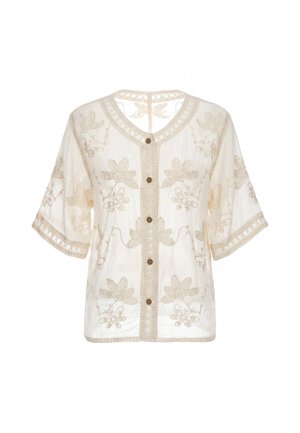 Transparente cremefarbene Bluse mit kurzen Ärmeln, Blumenstickerei, Spitzenbesatz und sechs vorderen Knöpfen.