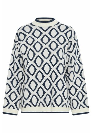 Pull en tricot avec une base crème et un motif en losanges bleu marine. Présente un col rond à côtes et des poignets côtelés. Texture douce, coupe décontractée.
