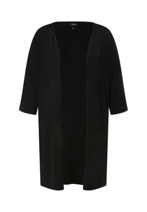 Schwarze offene Strickjacke aus leichtem Stoff mit lockeren, halblangen Ärmeln und einem strukturierten vertikalen Design in der Mitte.