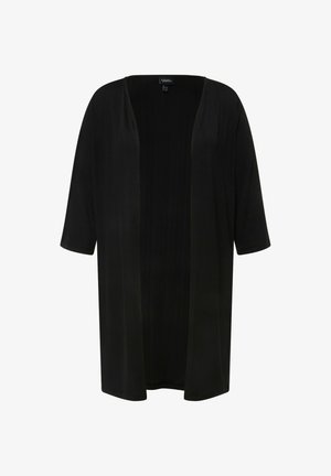 Cárdigan negro de apertura frontal, hecho de tejido liviano, con mangas sueltas y cortas y un diseño texturizado vertical en el centro.