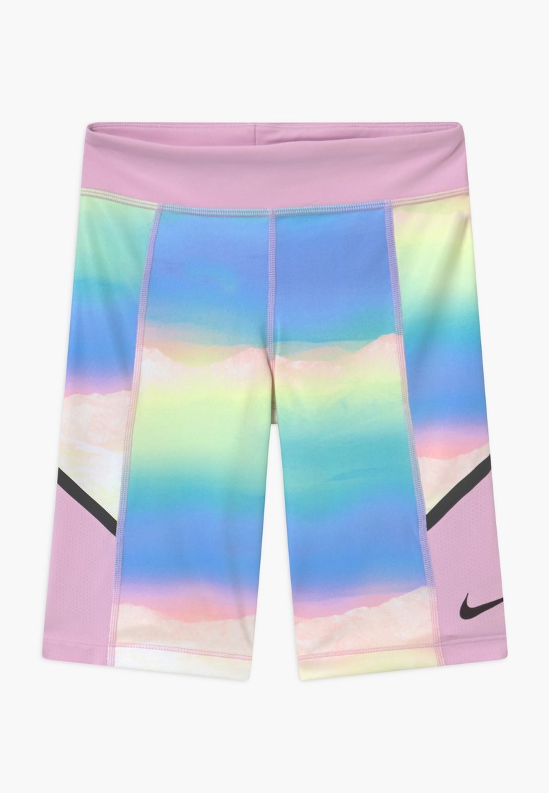 Sportovní kraťasy Nike s pastelovým duhovým přechodem v odstínech modré, růžové a zelené; obsahují černé akcenty a ploché švy.