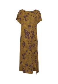 Senfgelbes Kleid mit kurzen Ärmeln, floralem lila Muster, leicht geraffter Silhouette und seitlichem Schlitz für zusätzlichen Schwung.