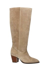 Stivale in suede beige al ginocchio con punta affusolata e tacco medio in legno, con cuciture decorative lungo i lati.