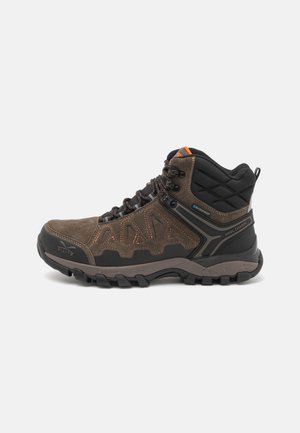 Brown mid-cut hiking boot with textile and synthetic materials, featuring orange accents, textured paneling, and a rugged sole for traction.