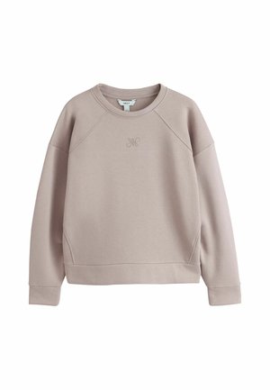 Lysebrun crew neck sweatshirt med lange ærmer og et lille broderet design centreret under halsudskæringen.
