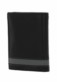 Black leather wallet with a smooth texture, featuring a gray stripe accent and white stitching. Folded design with a rectangular shape.