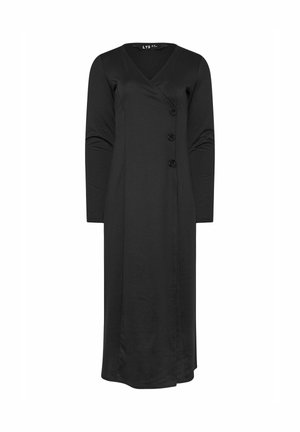 Vestido midi de manga larga negro con escote en V, estilo cruzado en la parte delantera y tres botones en el lado derecho del frente.