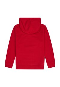 Sweat-shirt à capuche rouge, en coton, manches longues, avec des poignets et un ourlet côtelés. Texture lisse avec un design simple, sans détails supplémentaires.