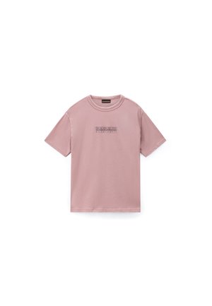 T-shirt rose poudré à manches courtes avec un col rond et un petit logo rectangulaire imprimé sur la poitrine.