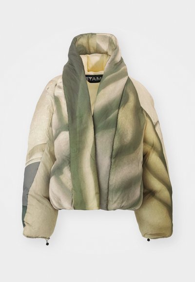 Padded jacket with a quilted design in muted greens and beige, featuring an oversized collar and a prominent abstract pattern.