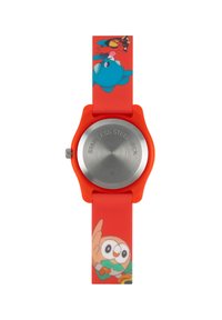 Montre orange avec un dos en acier inoxydable, ornée d'animaux de bande dessinée sur le bracelet, y compris un chat bleu et un hibou marron.