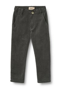 Pantaloni in velluto a coste grigi con vestibilità dritta, dotati di chiusura frontale con bottoni, passanti per cintura e quattro tasche. Tessuto strutturato con coste verticali.