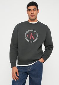 Tmavosivá mikina s okrúhlym logom obsahujúcim "Calvin Klein" a "since 1968" v bielej a červenej farbe. Rebrované manžety a lem.