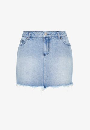 Világoskék farmer szoknya, rojtos szegéllyel, öt zsebbel, elülső gombos és cipzáras záródással, valamint övhurkokkal. Lazán bővülő A-vonalú dizájn.