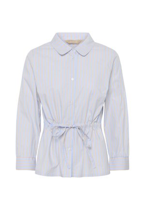 Chemise à manches longues boutonnée avec des rayures verticales bleues et beiges, une taille cintrée nouée avec un nœud, et un col arrondi.