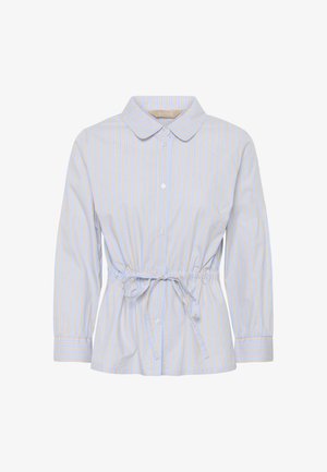 Chemise à manches longues boutonnée avec des rayures verticales bleues et beiges, une taille cintrée nouée avec un nœud, et un col arrondi.